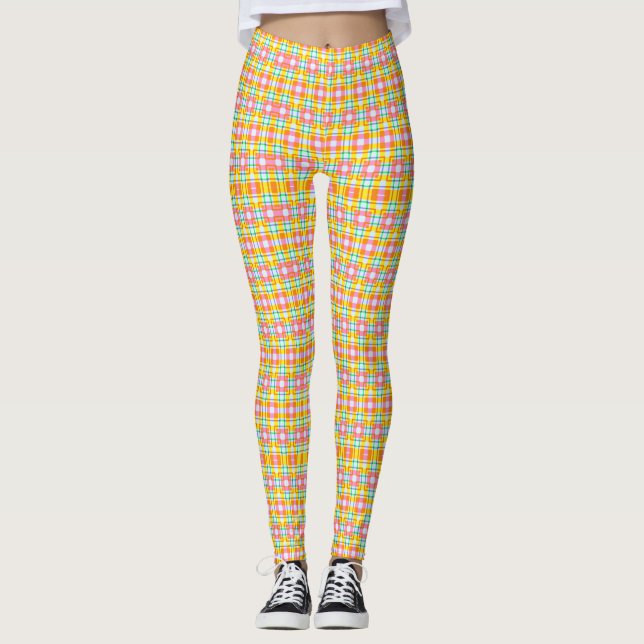 Pink Squares Pattern Spring Colours  Leggings (Front)