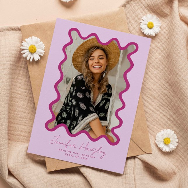Pink Squiggly Photo Frame Graduation  Announcement (Creator Uploaded)