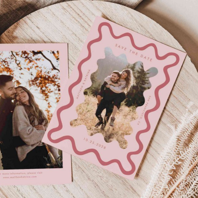 Pink Squiggly Wavy Frame Wedding Save The Date (Creator Uploaded)