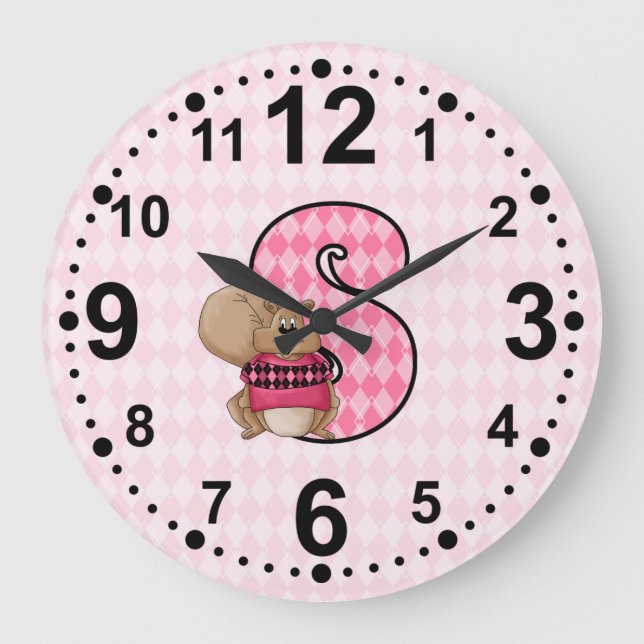 Pink Squirrel and Letter S Argyle Patterned Girls Large Clock (Front)
