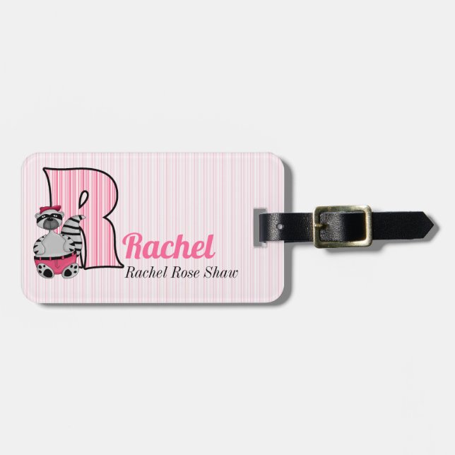Pink Squirrel Letter S Kids Monogram Luggage Tag (Front Horizontal)