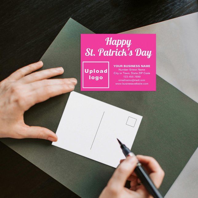 Pink St. Patrick Business Holiday Postcard (Business brand with St. Patrick greeting on pink holiday postcard)