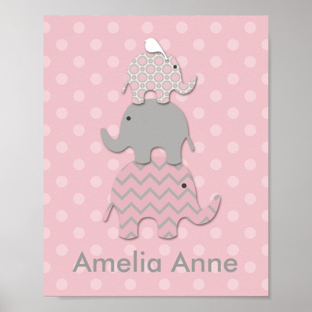 Pink Stacked Elephants Nursery / Room Wall Art (Front)