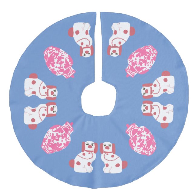 Pink Staffordshire Dog and Ginger Jar Faux Linen Tree Skirt (Front)