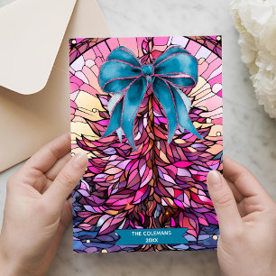 Pink stained glass coquette bow christmas tree holiday card