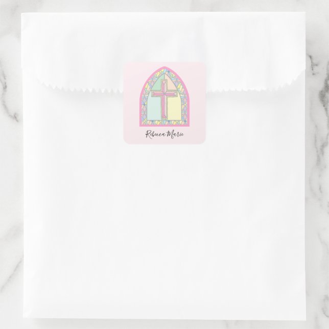 Pink Stained Glass First Communion Square Sticker (Bag)