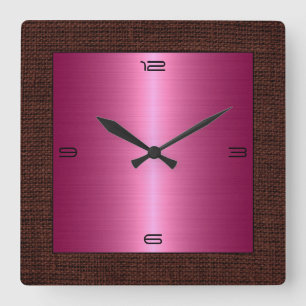 Pink Stainless Steel Modern Burlap Border Square Wall Clock