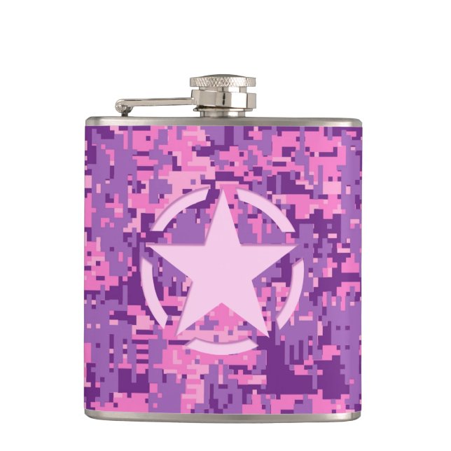 Pink Star Deco on Digital Camo Style Hip Flask (Front)