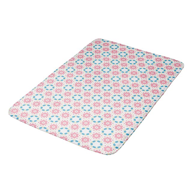 Pink star flower blue dots pattern bath mat (Angled)