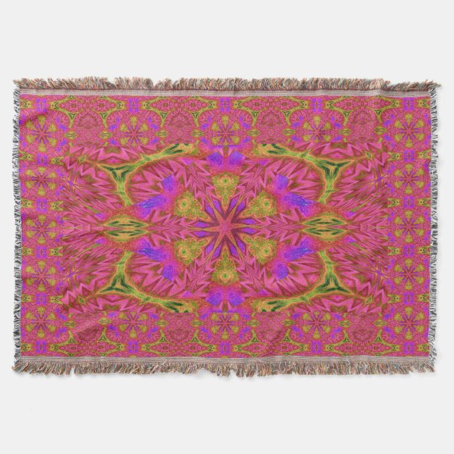 Pink Star Flower in Green Throw Blanket (Front)