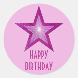 Pink Star 'Happy Birthday' round sticker pale pink
