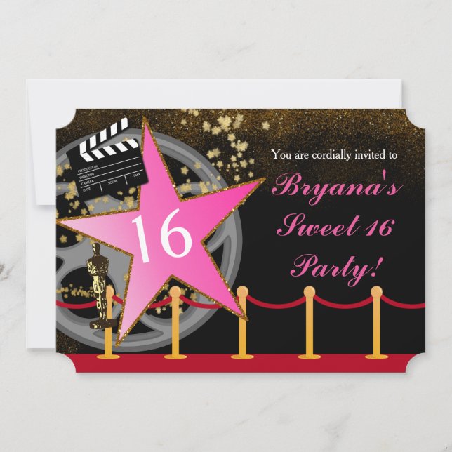 Pink Star Hollywood Red Carpet Party Invitations (Front)