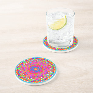 Pink Star Mandala Colourful Sandstone Coaster