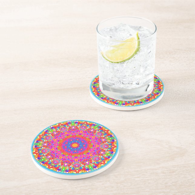 Pink Star Mandala Colourful Sandstone Coaster (Side)