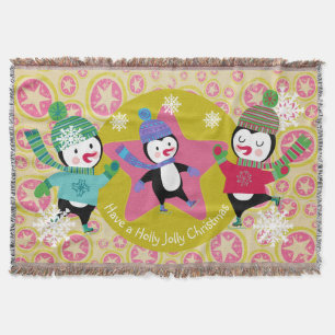 Pink Star Orbs Skating Penguins Holiday Throw Blanket