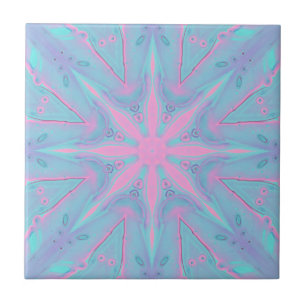 Pink Star Pattern On Blue Background Ceramic Tile