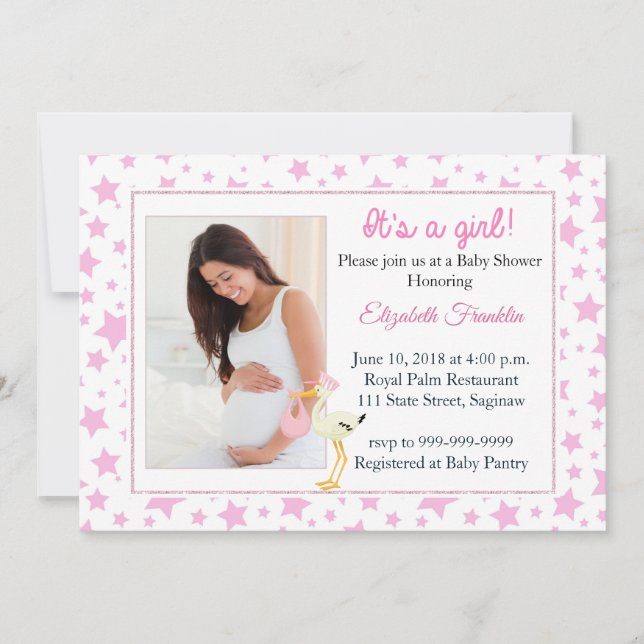 Pink Star Photo It's a Girl Baby Shower Invitation (Front)