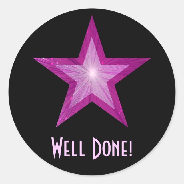 Pink Star 'Well Done!' round sticker black (Front)