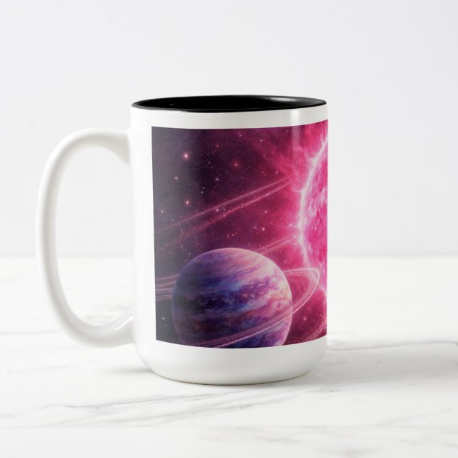 Pink Star with Two Orbiting Planets Two-Tone Coffee Mug (Left)