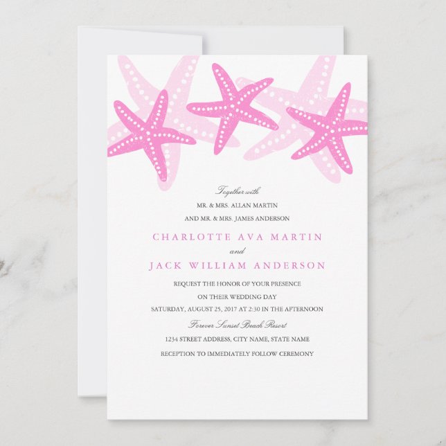 Pink Starfish Beach Wedding Invitation (Front)