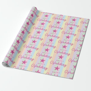 Pink Starfish Happy Wedding Colourful Striped Beac Wrapping Paper