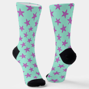 Pink starfish on blue pattern socks
