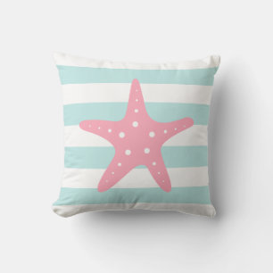 Pink Starfish on Mint Stripes Cushion