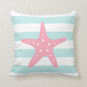 Pink Starfish on Mint Stripes Cushion