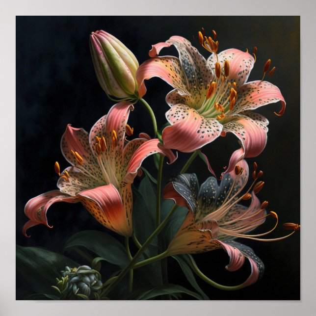 Pink Stargazer Lilies Flower Art Print Poster (Front)