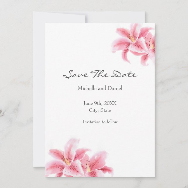 Pink Stargazer Lilies Save The Date (Front)