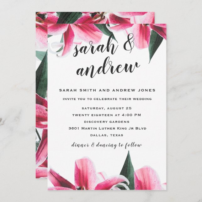 Pink Stargazer Lily Floral Wedding Invitation (Front/Back)