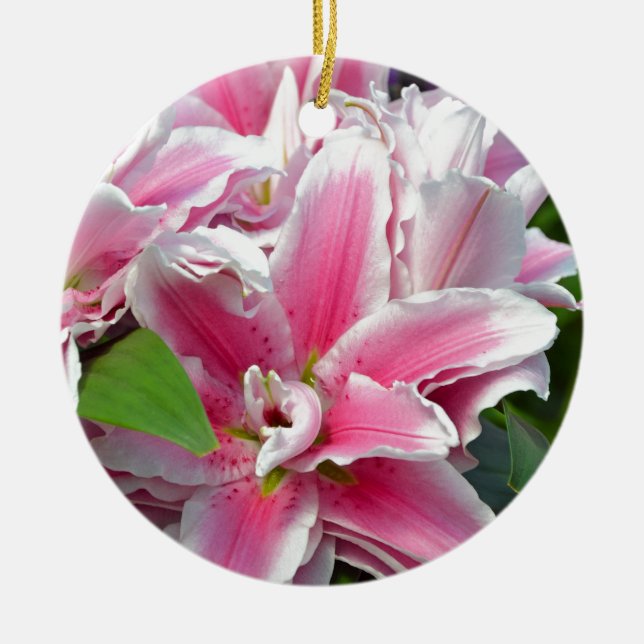 Pink stargazer lily flowers in spring ceramic ornament (Front)