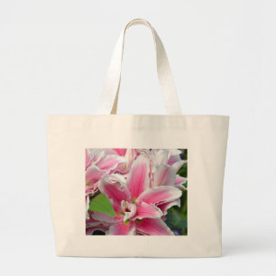 Pink stargazer lily flowers in spring large tote bag