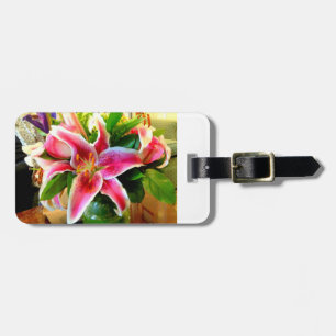 pink stargazer lily luggage tag