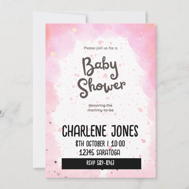 Pink stars and clouds baby shower invitation (Front)