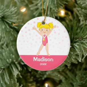Pink Stars Blonde Girl Gymnastics Personalised Ceramic Tree Decoration
