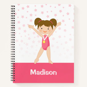 Pink Stars Brunette Girl Gymnastics Personalised Notebook