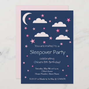 Pink Stars Clouds Blue Birthday Sleepover Party Invitation