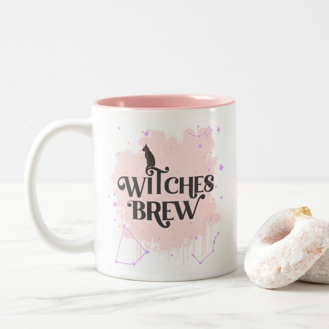 Pink Stars Constellation - Witches Brew Halloween Two-Tone Coffee Mug (With Donut)