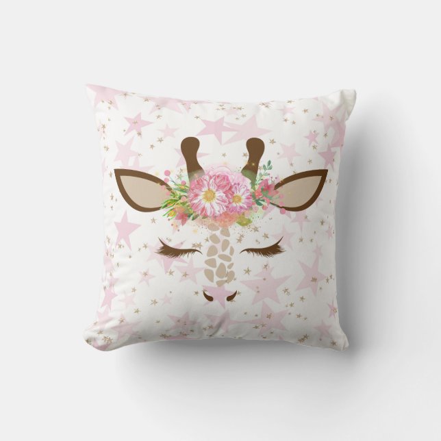 Pink Stars Floral Giraffe Cushion (Front)