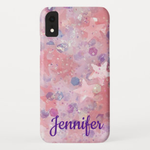Pink Stars Glitter Girly Patterned Custom Name iPhone XR Case