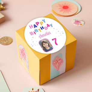 Pink Stars Happy Birthday Party Girl Photo Classic Round Sticker