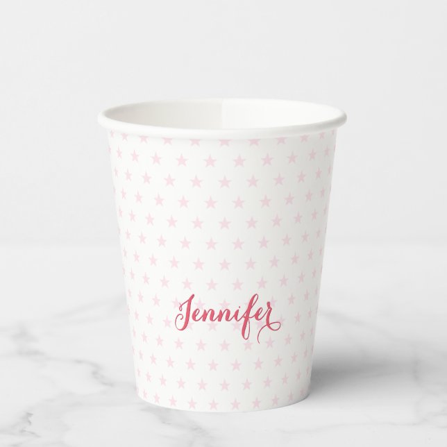 Pink Stars Monogrammed Kids Girls Birthday Party Paper Cups (Left)