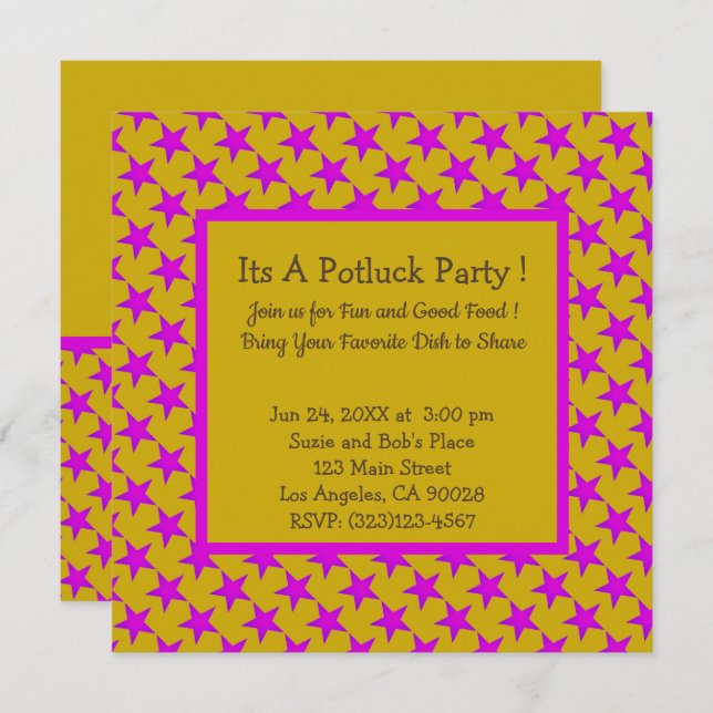 Pink Stars on Yellow Pattern  Potluck Invitation (Front/Back)