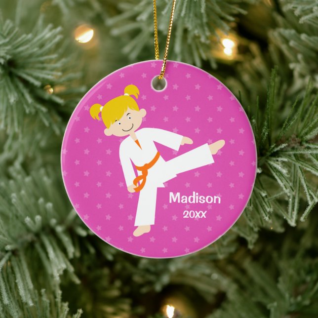 Pink Stars Taekwondo Blonde Girl Personalised Ceramic Ornament (Tree)