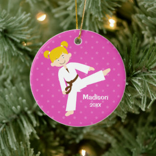 Pink Stars Taekwondo Blonde Girl Personalised Ceramic Ornament