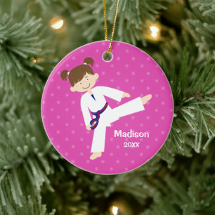 Pink Stars Taekwondo Karate Girl Blue Personalised Ceramic Ornament