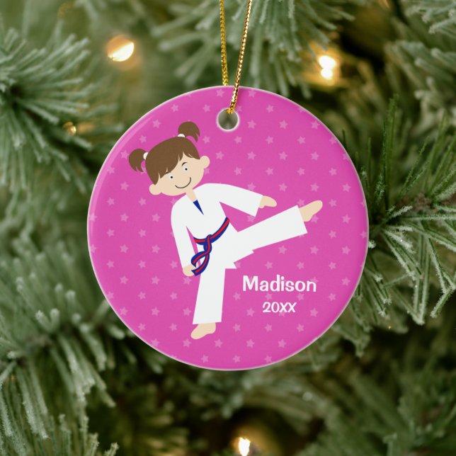 Pink Stars Taekwondo Karate Girl Blue Personalised Ceramic Ornament (Tree)
