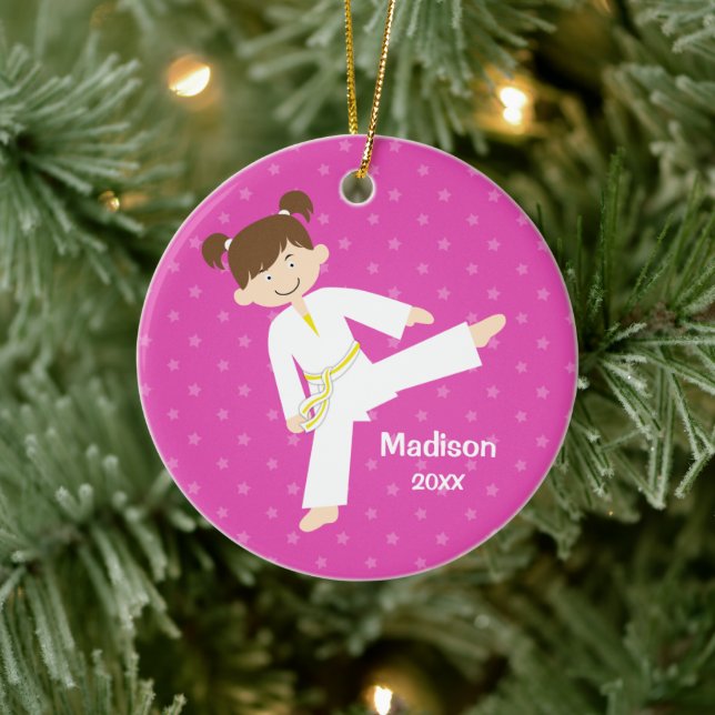 Pink Stars Taekwondo Karate Girl Personalised Ceramic Ornament (Tree)