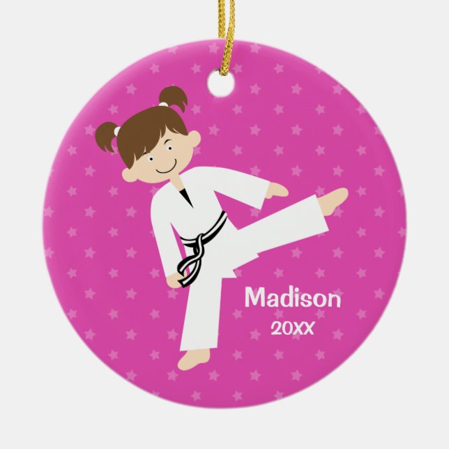 Pink Stars Taekwondo Karate Girl Personalised Ceramic Ornament (Front)